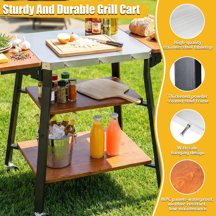 GFTIME Grillwagen mit Edelstahl-Arbeitsplatte, BBQ Wagen mit 2 klappbaren Seitenablagen & 2 Ablagebö