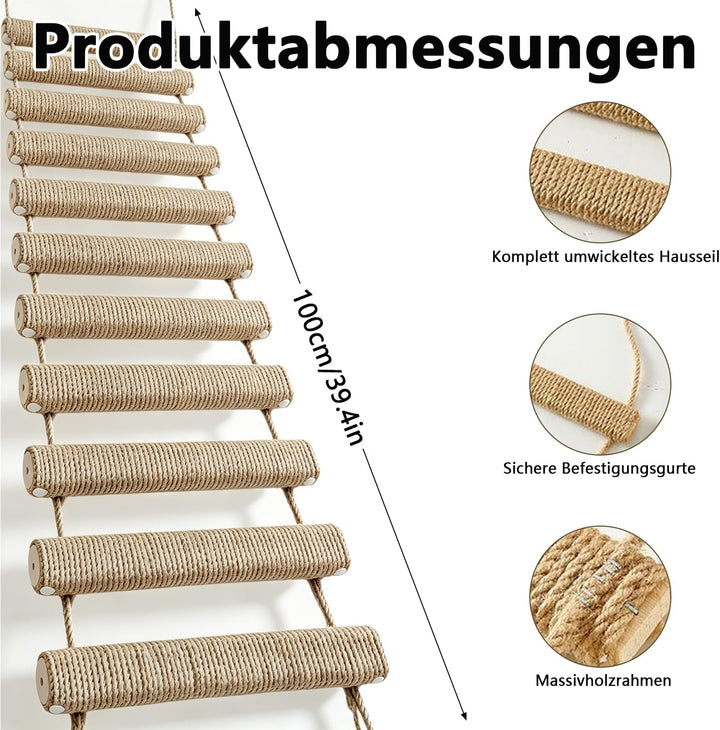 Sisalseil Katzenleiter 100 cm, Kletterleiter &amp; Katzentreppe für Wand, Balkon, Innen &amp; Aussen, Kratzb