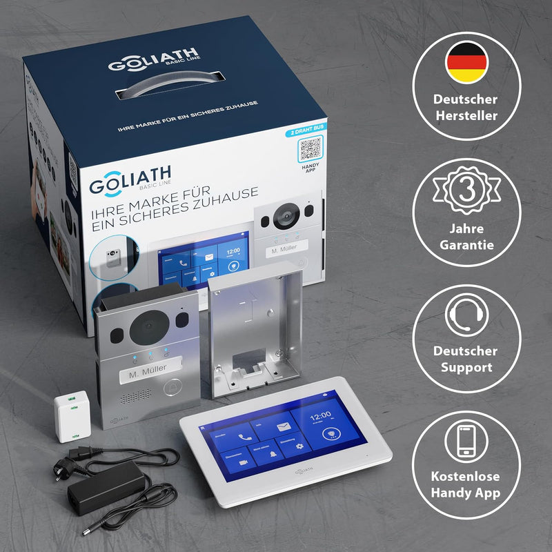 GOLIATH Basic Video Türsprechanlage, 2 Draht Bus, 7 Zoll Monitor, Aufputz Türklingel mit Kamera, Geg