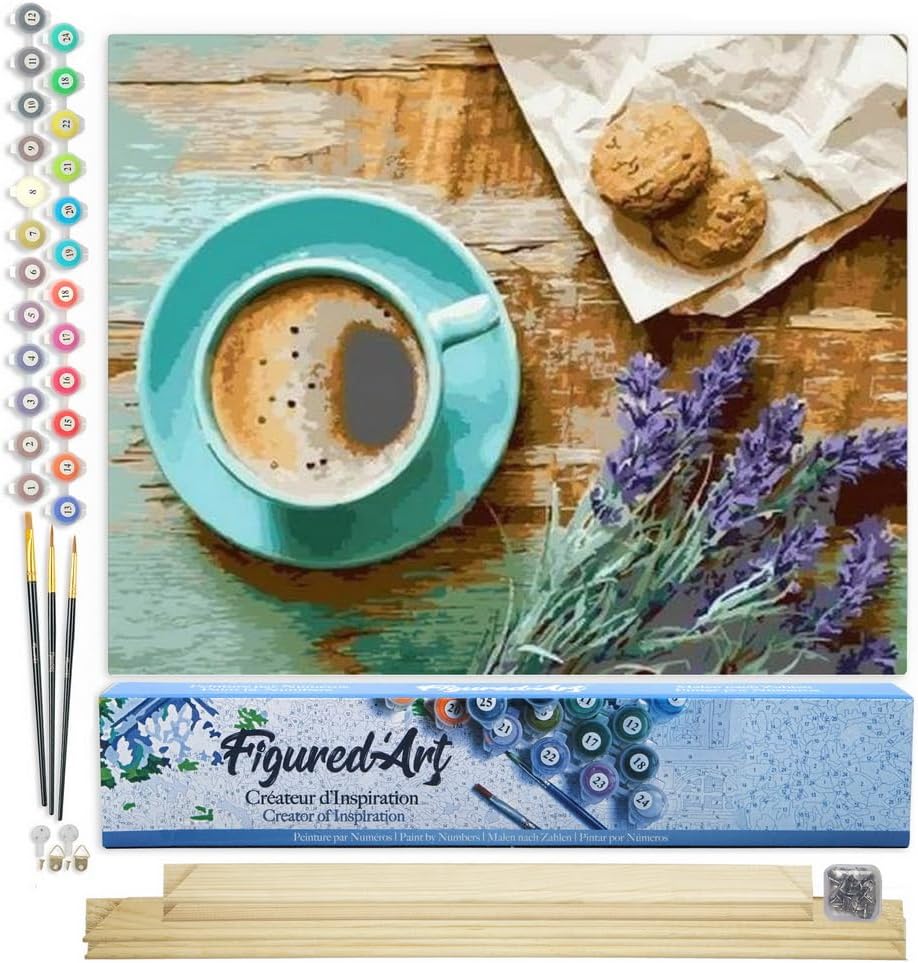 Figured'Art Malen Nach Zahlen Erwachsene Mit Rahmen Kaffeepause - Paint by Numbers Basteln DIY Baste