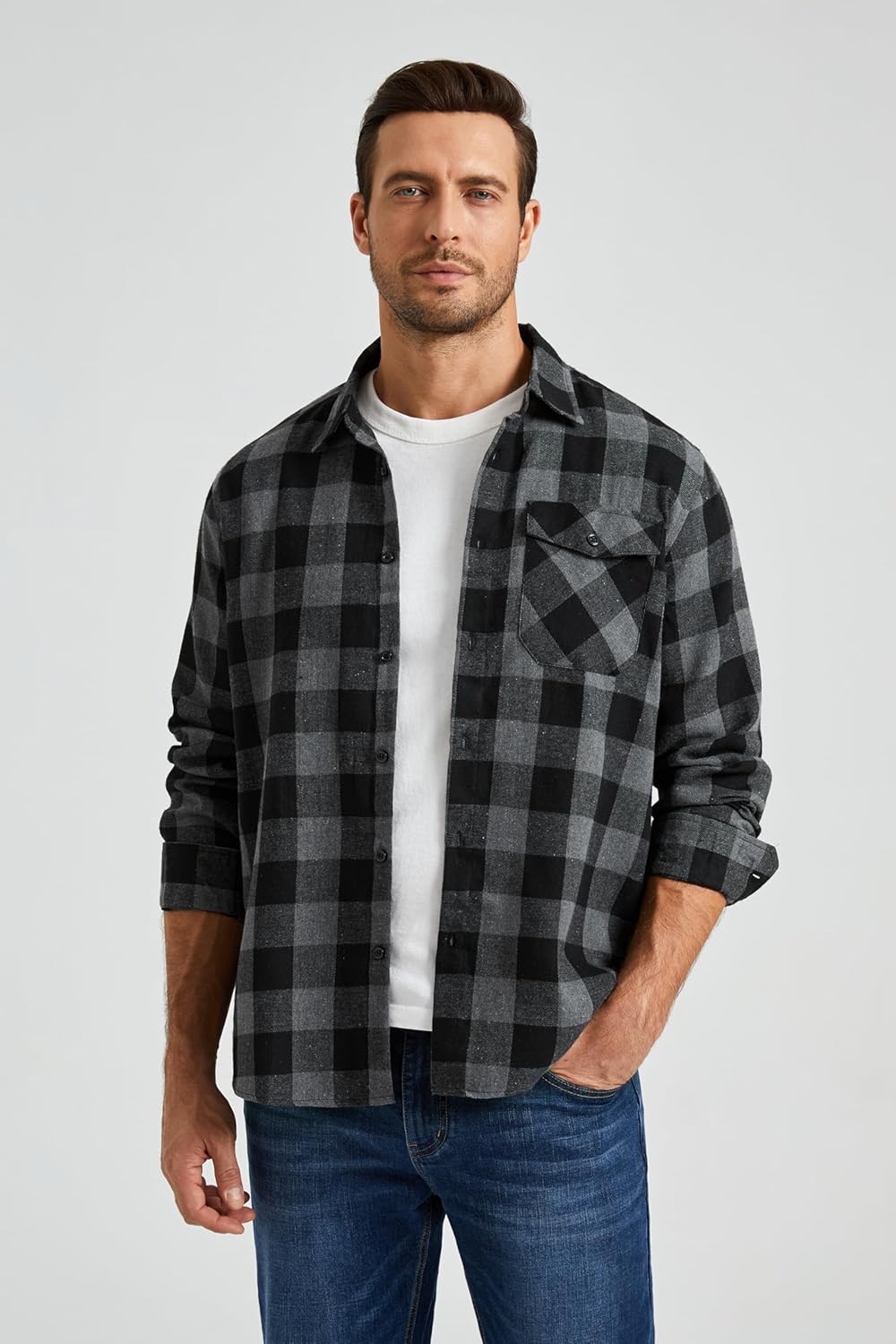 HISDERN Flanellhemd Herren Karierte Hemden Herren Langarm Button Down Baumwolle Holzfällerhemd Regul