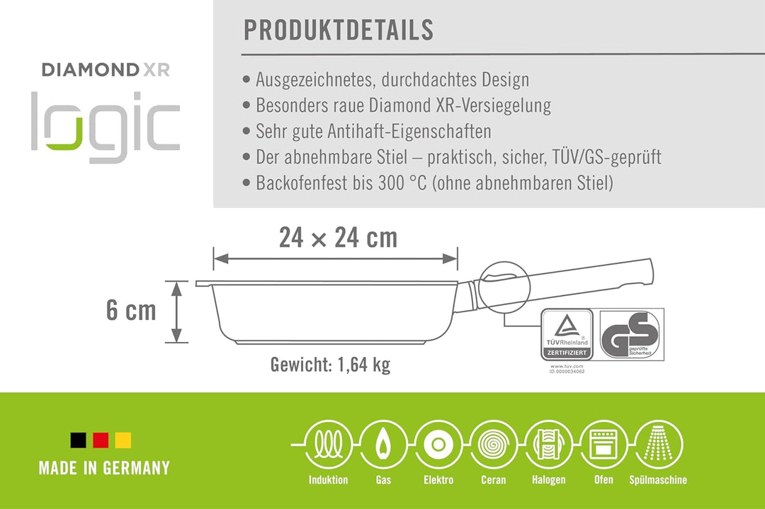Woll Diamond Logic XR Pro Gusspfanne, viereckig - Induktiv -, 24 cm x 24 cm, 6 cm hoch, mit abnehmba