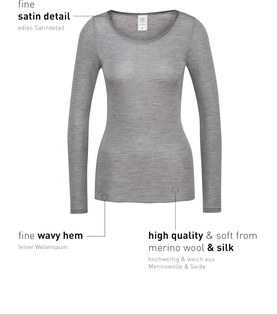 CALIDA True Confidence Langarmshirt Damen, aus Wolle-Seide, Feinripp, temperaturausgleichend und ger