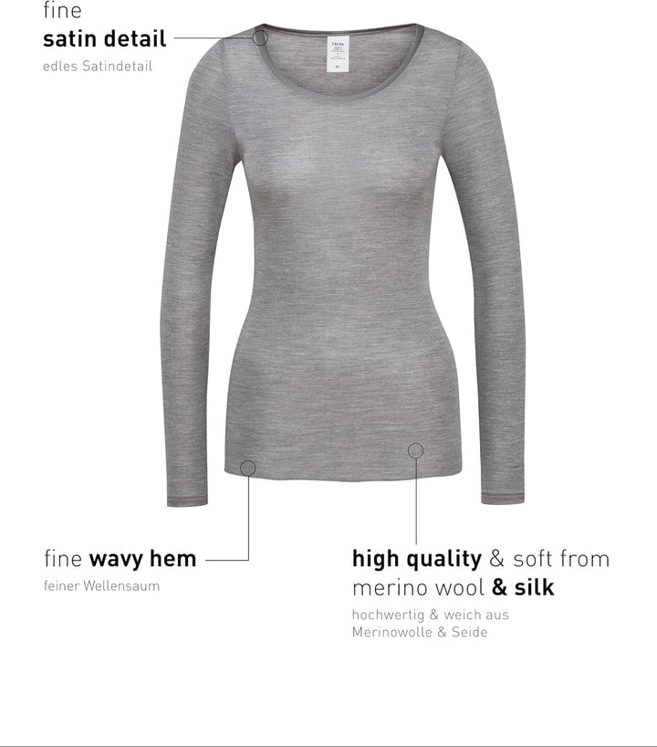 CALIDA True Confidence Langarmshirt Damen, aus Wolle-Seide, Feinripp, temperaturausgleichend und ger