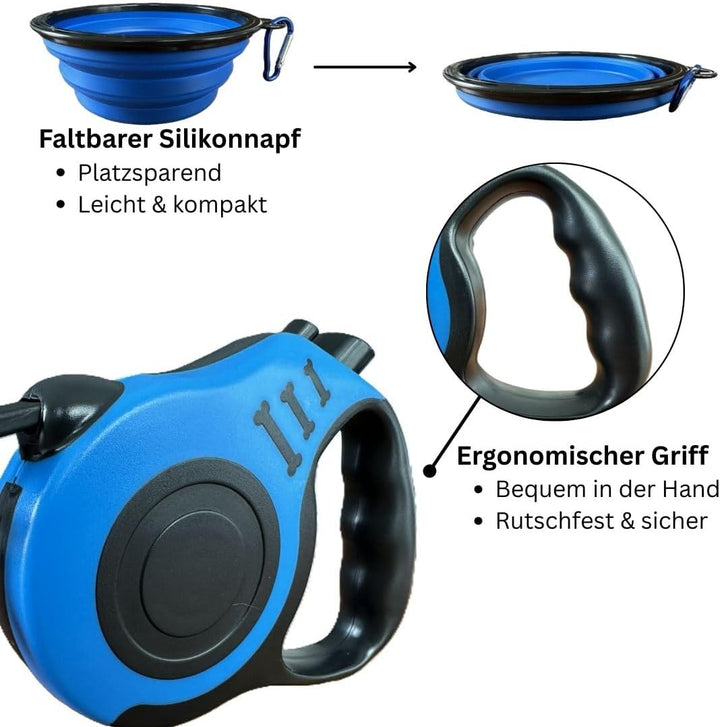Hundeleine Reiseset 3in1 mit 5 m Rollleine Automatik, faltbarem Napf & Kotbeutelspender – Blau