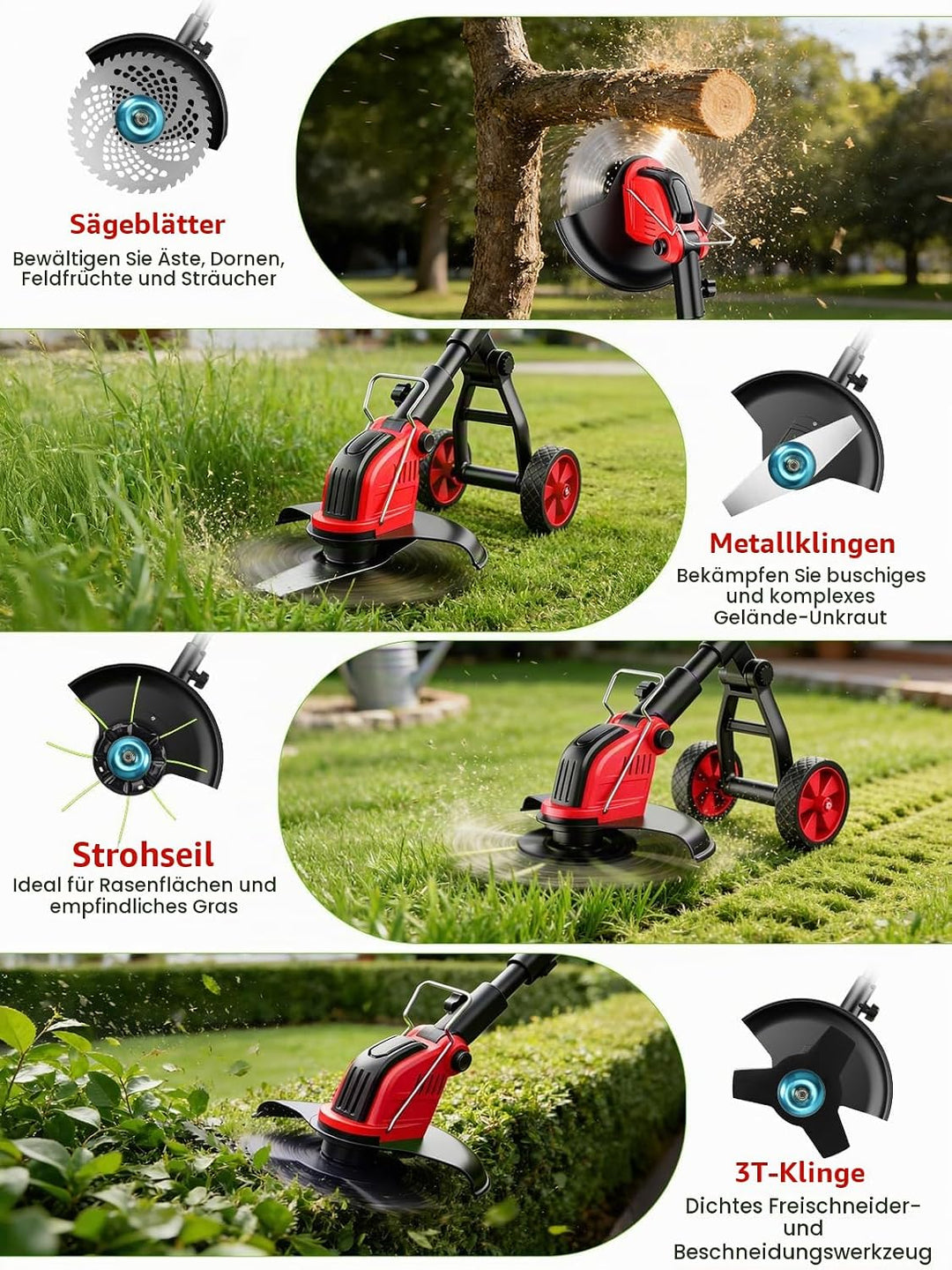 30CM Rasentrimmer mit Akku, 21V Akku Rasentrimmer mit 2 × 3.0Ah Akku&amp; Ladegerät, 20000U/min 4 Klinge