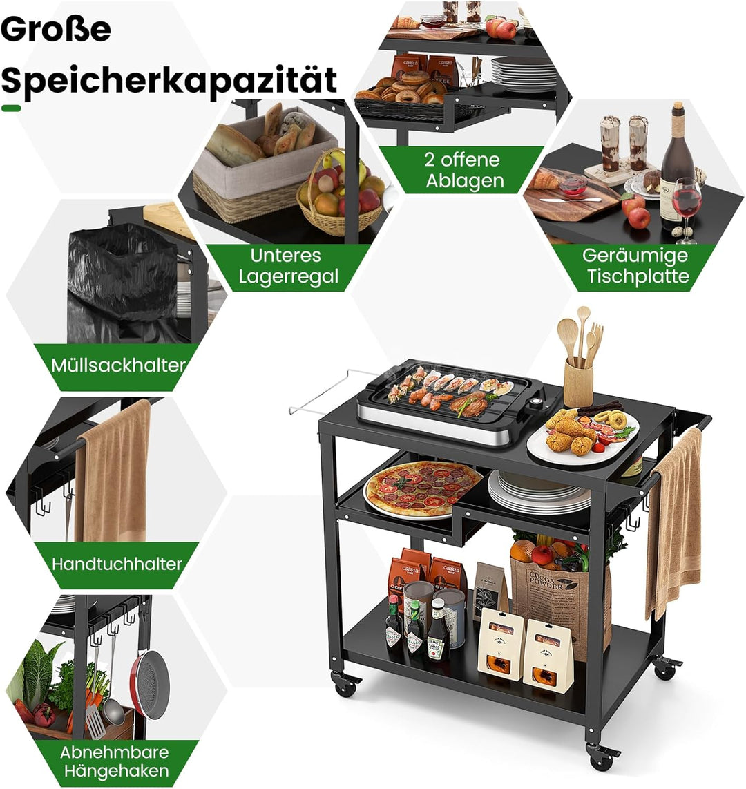 GYMAX Grillwagen, Grilltisch Rollwagen mit Rollen & offenen Ablagen, Pizzatisch mit Haken & Behälter