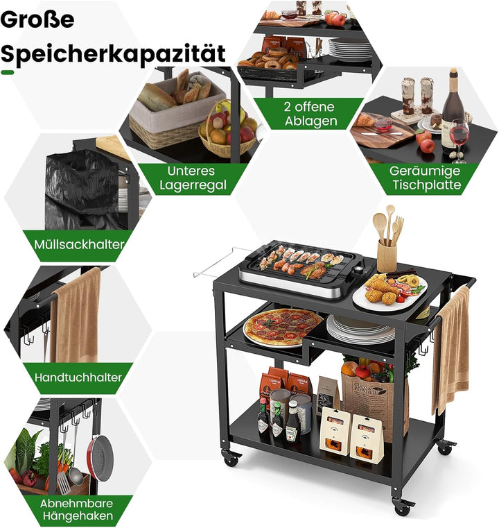 GYMAX Grillwagen, Grilltisch Rollwagen mit Rollen & offenen Ablagen, Pizzatisch mit Haken & Behälter