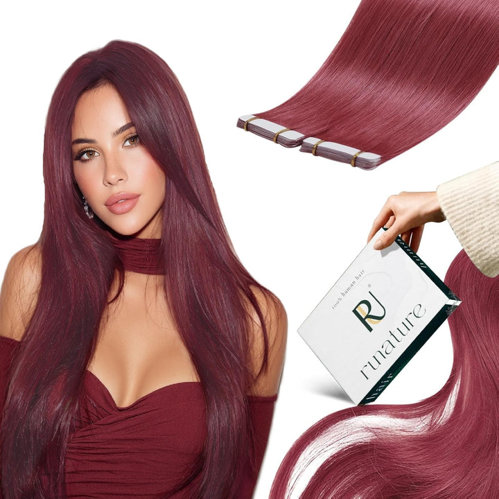 RUNATURE Echthaar Extensions Tape Rot Extensions Echthaar Tape Burg Menschliches Haar 40cm 10 Stück