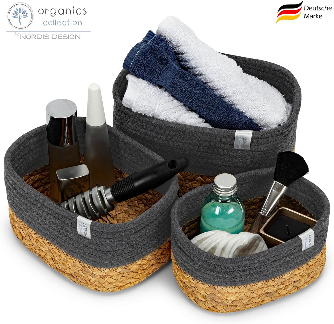 Aufbewahrungskörbe 3er Set aus Wasserhyazinthe und Baumwolle, Bad Aufbewahrungskorb geflochten als B