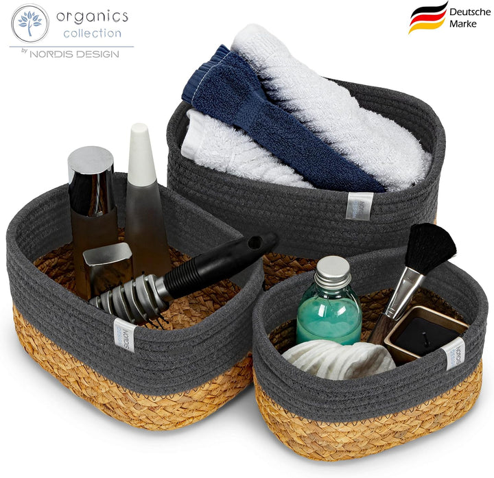 Aufbewahrungskörbe 3er Set aus Wasserhyazinthe und Baumwolle, Bad Aufbewahrungskorb geflochten als B