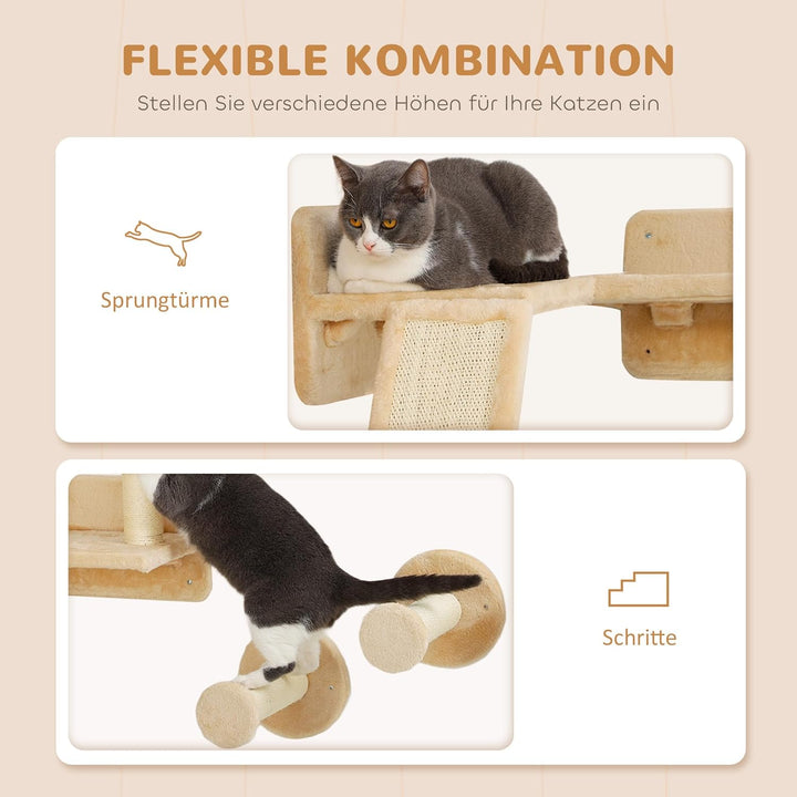 PawHut Kletterwand Katzen, 3-teilig Katzenkletterwand Set, Katzen Wandelemente mit Kratzbrett, Sprun