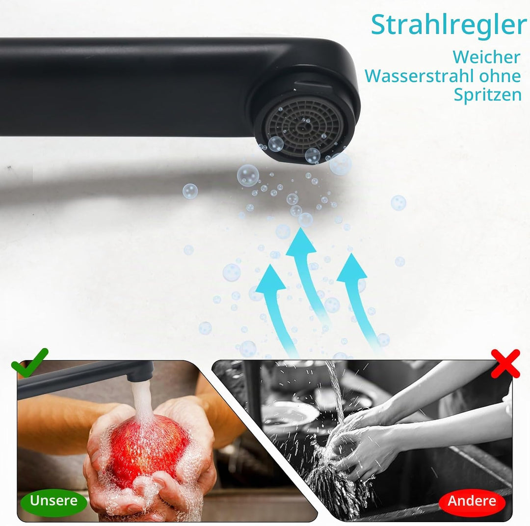 Wasserhahn Wandmontage 360° Drehbar Wasserhahn Küche Schwarz Mischbatterie Küche Kalt und Heiss Einh