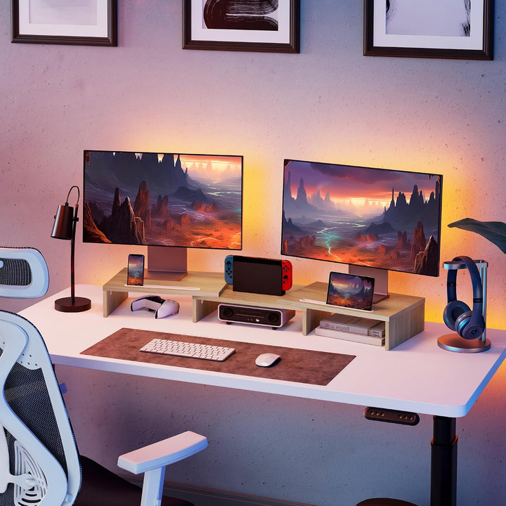 FITUEYES Dual Monitor Ständer Holz Drehbar Länge Verstellbar mit Halteschlitz für Smartphones Tablet