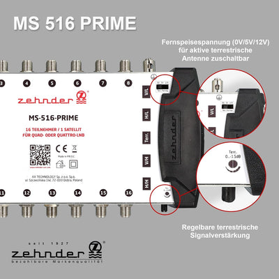 Zehnder 5/16 Multischalter 16 Teilnehmer 1 Satellit - Regelbare Terrestrik - Quattro und Quad LNB ge