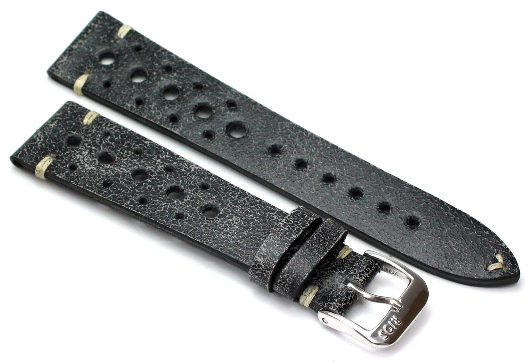 RIOS1931 Rallye Vintage Rindsleder Uhrenarmband handgemacht in Deutschland 18mm Scratched Black