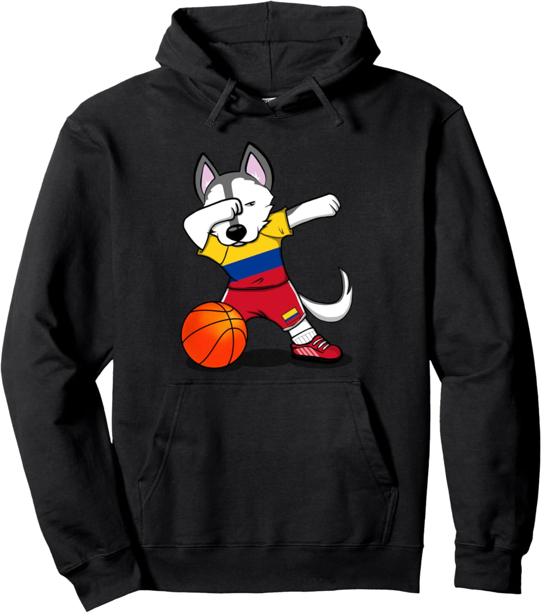 Dabbing Husky Hund Kolumbien Basketball Mannschaft Flagge Pullover Hoodie