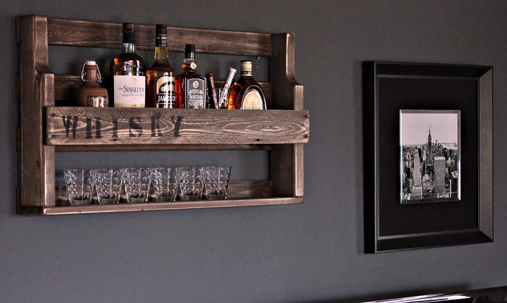 Dekorie Whisky Regal aus Holz - mit Gläserhalter und Whisky Schriftzug - Braun - Industrie Stil - fe