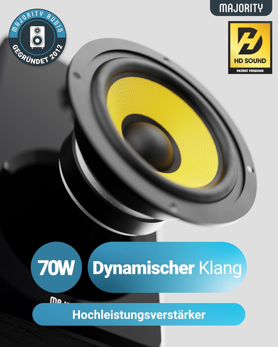 MAJORITY Aktive Regallautsprecher | Bluetooth-HiFi-Lautsprecher mit 70 Watts, gelber Kevlar-Lautspre