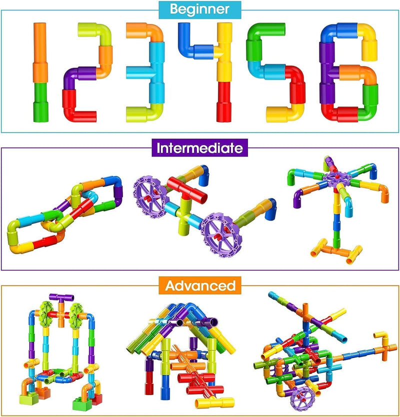 burgkidz Pipe Tube Toys, 188 Stück Klassische Bausteine Zusammenbau Steckbausteine Spielzeug mit Räd