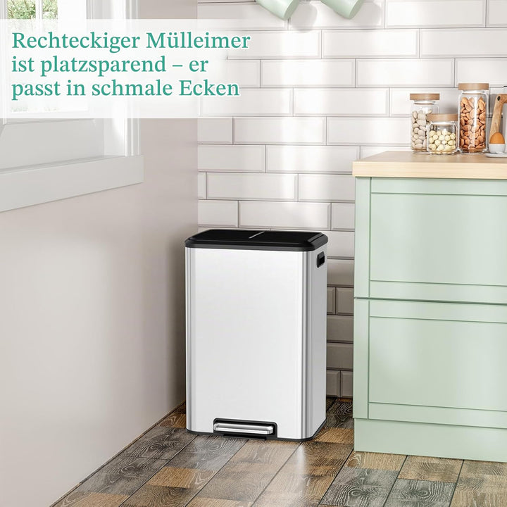 LIFERUN Mülleimer 40l, Abfalleimer Küche mit Inneneimer,mit Deckel Softclose, Tretmülleimer aus Stah