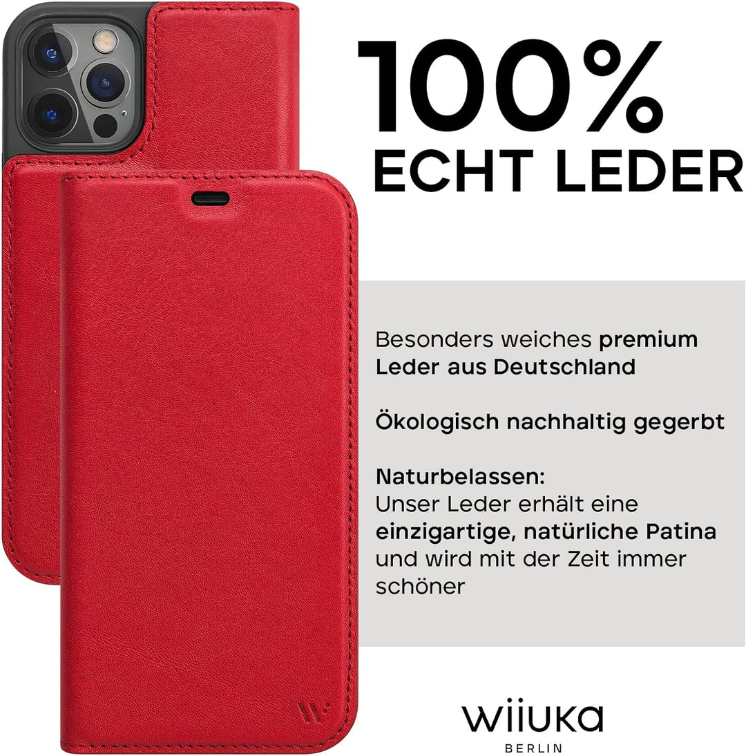 WIIUKA Hülle für iPhone 13 Pro Max, Deutsches Premium Leder, mit Kartenfach, extra Dünn, Handyhülle