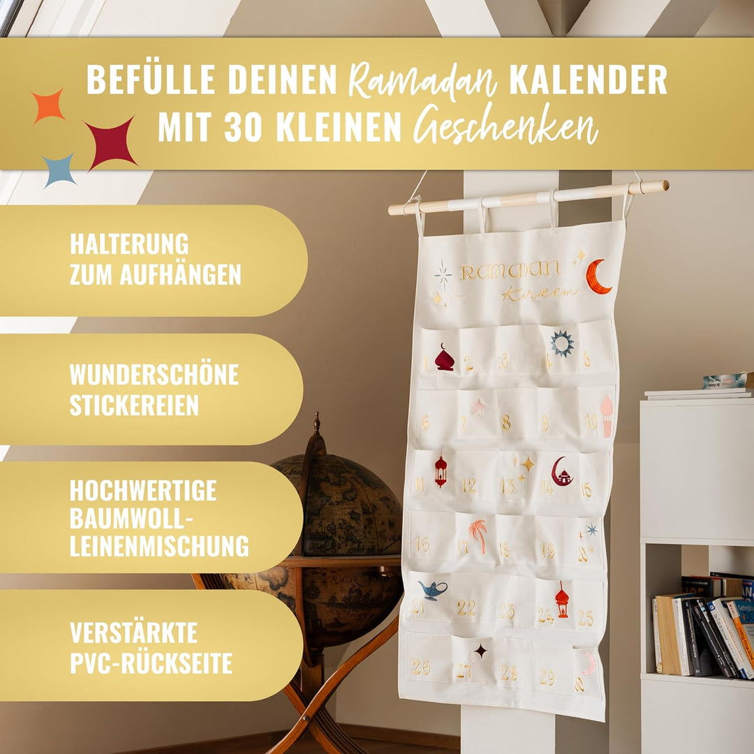 AMARI ® Ramadan Wandkalender aus Stoff mit Befestigungsstange - Ramadankalender zum Befüllen - Ramad
