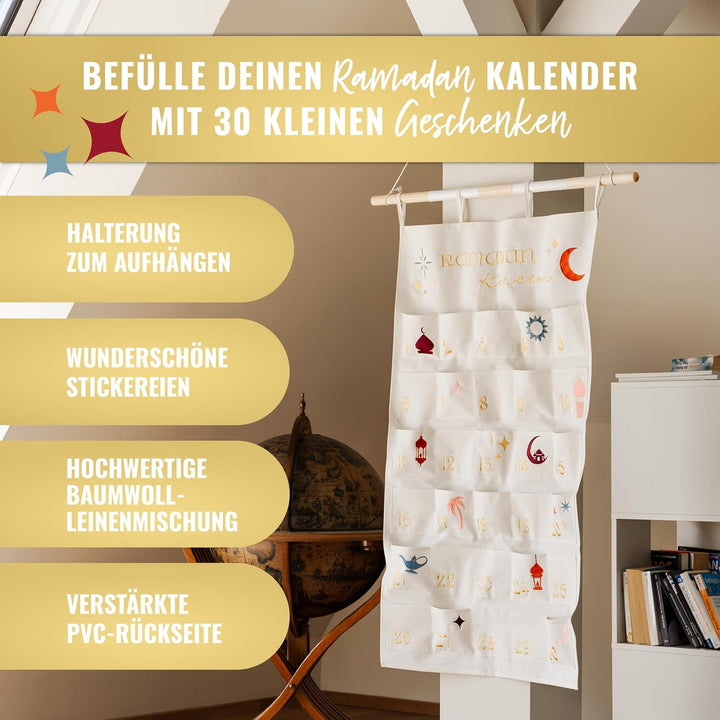 AMARI ® Ramadan Wandkalender aus Stoff mit Befestigungsstange - Ramadankalender zum Befüllen - Ramad