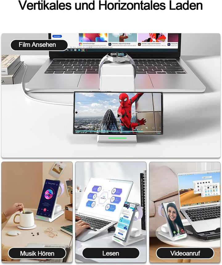 Induktive Ladestation für Samsung，ADADPU Kabelloses Ladegerät 3 in 1 Kompatibel für Galaxy Watch 8/7