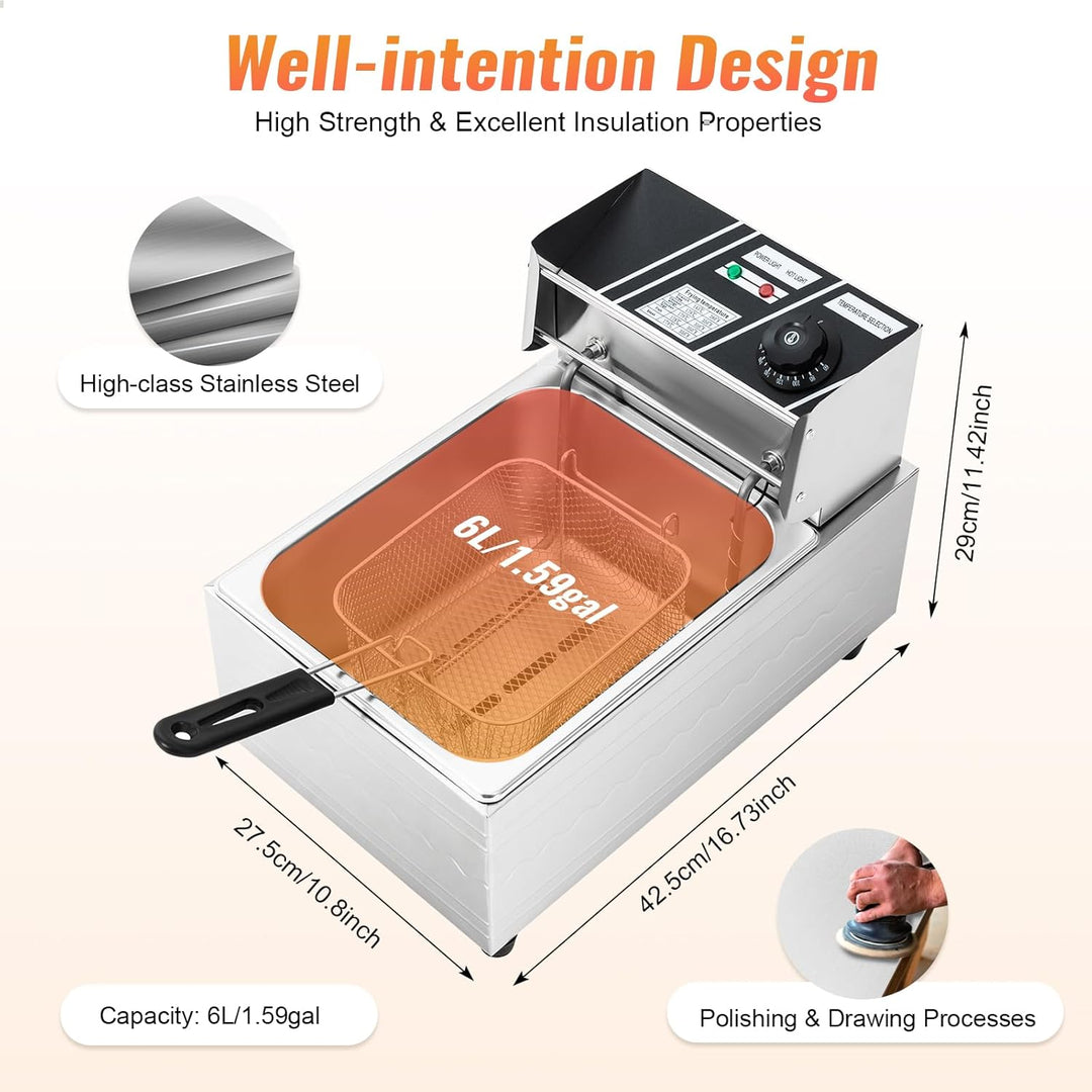 Fritteuse 6L 2500W Elektrische Edelstahl Öl Friteuse Küche Kaltzonen Fritöse mit Temperaturkontrolle