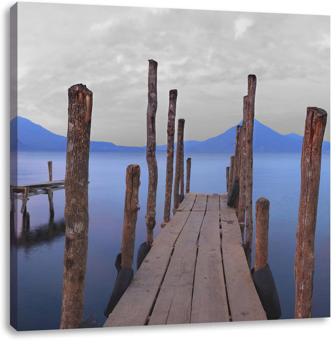 Pixxprint Verschiedene Holzstege am Seeufer schwarz/weiss als Leinwandbild Quadratisch/Grösse: 70x70