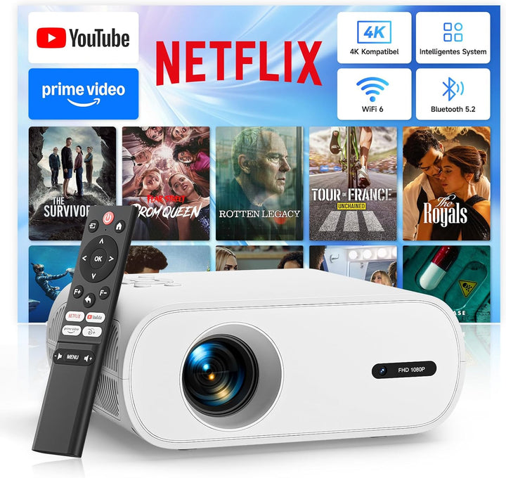 Smart Beamer【Netflix Official 】 Mini Beamer 4K mit Trapezkorrektur, 20000LM 1080P Full HD WiFi6 Blue