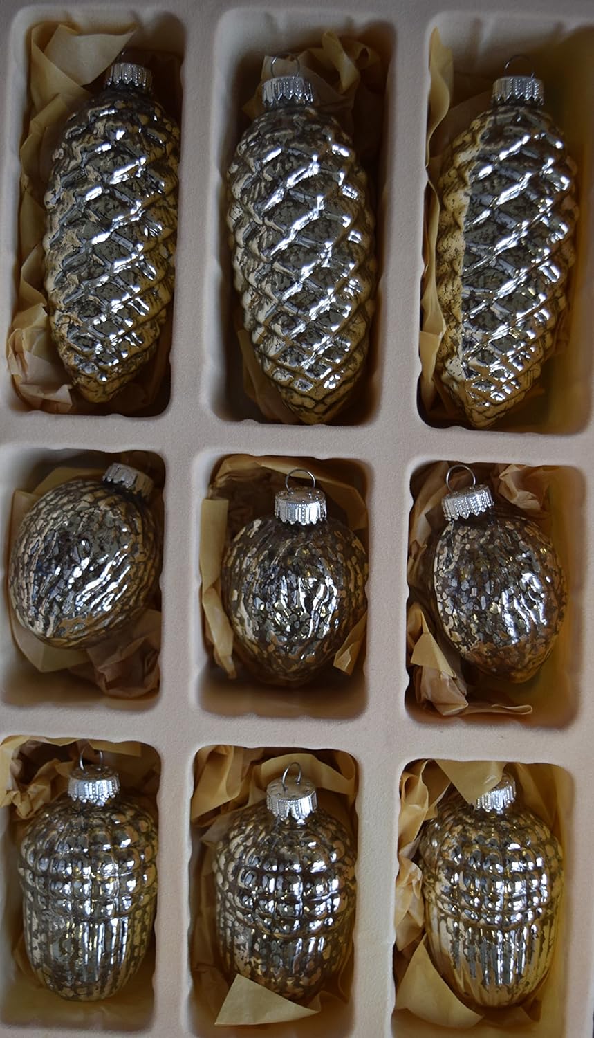 Dekohelden24 Lauschaer Christbaumschmuck - 9er Set in Silber - 50 Kugelaufhänger gratis, Silber