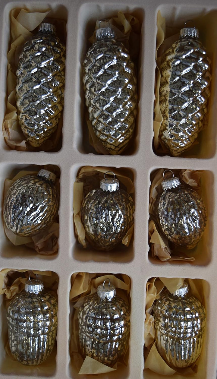 Dekohelden24 Lauschaer Christbaumschmuck - 9er Set in Silber - 50 Kugelaufhänger gratis, Silber