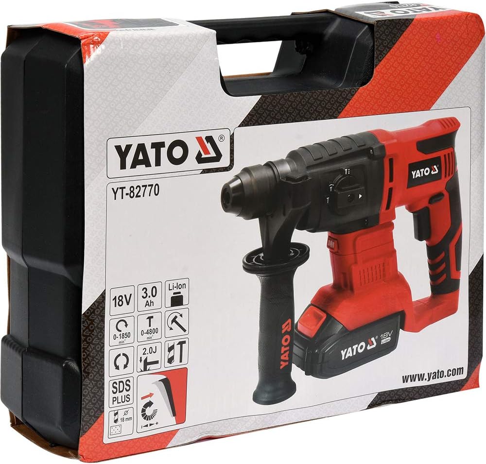 YATO Profi Akku-Bohrhammer | 18V | 2,0 Joule | SDS-Plus | 3,0 Ah Li-Ion Akku | Transportkoffer | inc