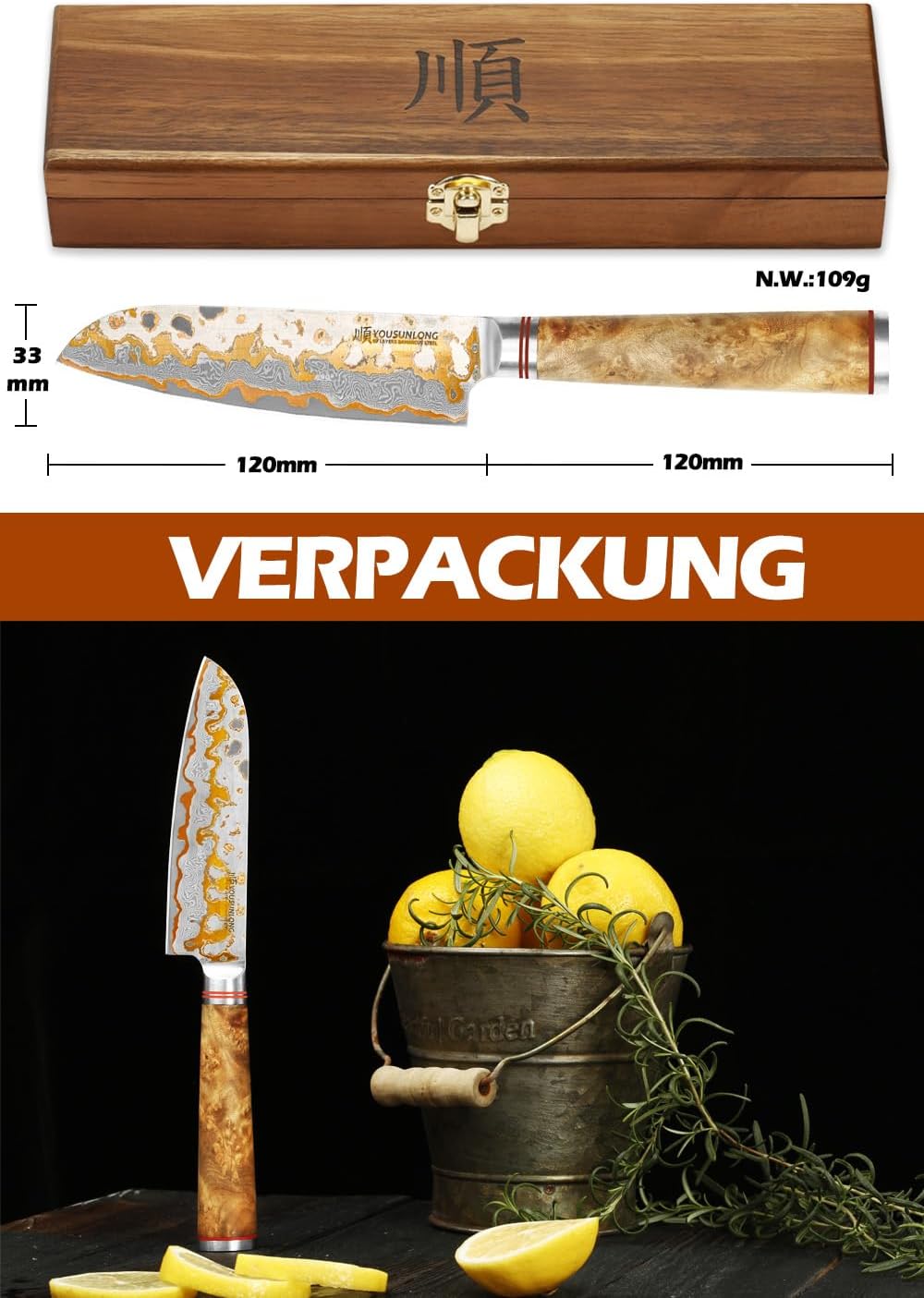YOUSUNLONG Santoku-Messer 120mm - Handgefertigtes Japanisches Kochmesser mit KupferDamaszener Stahlk