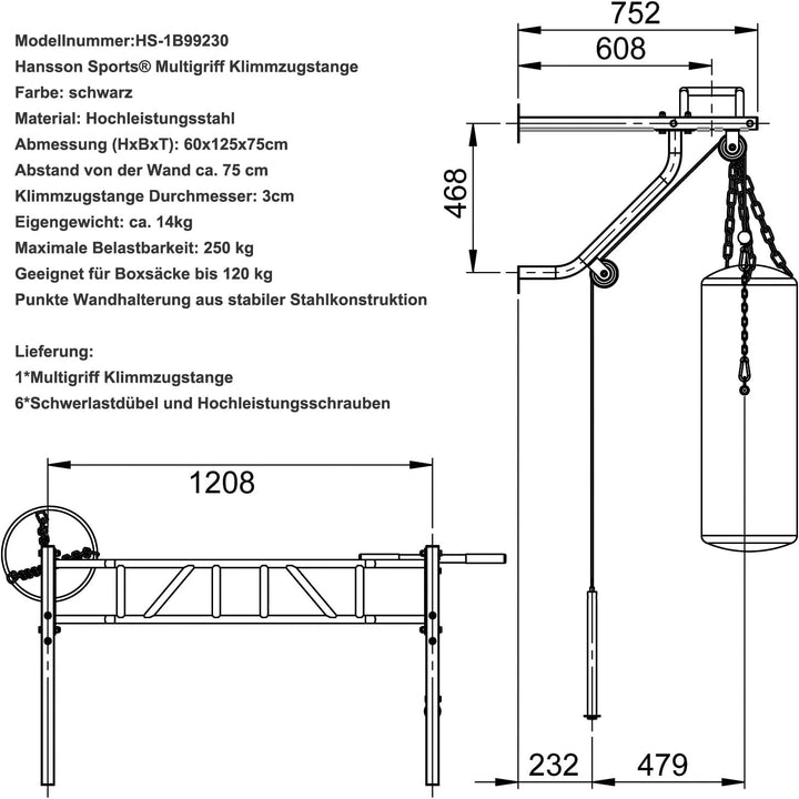 Hansson Sports® Multigriff Klimmzugstange Wandmontage mit Latzug & Boxsackhalterung 1B99230HS, 1B992