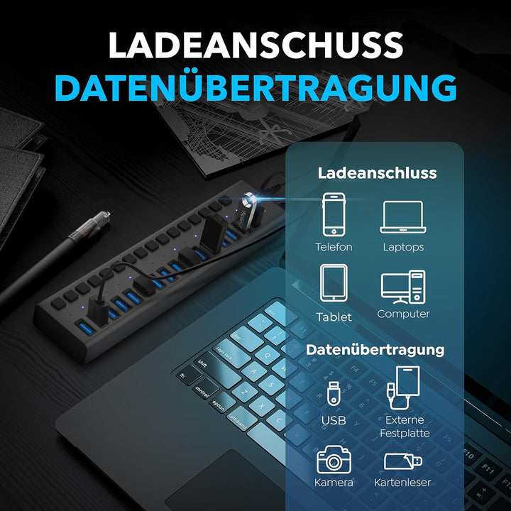 Sabrent USB 3.2 Gen 1 16 Port Aluminium HUB mit Netzschaltern und LEDs, inklusive Netzteil (HB-PU16)