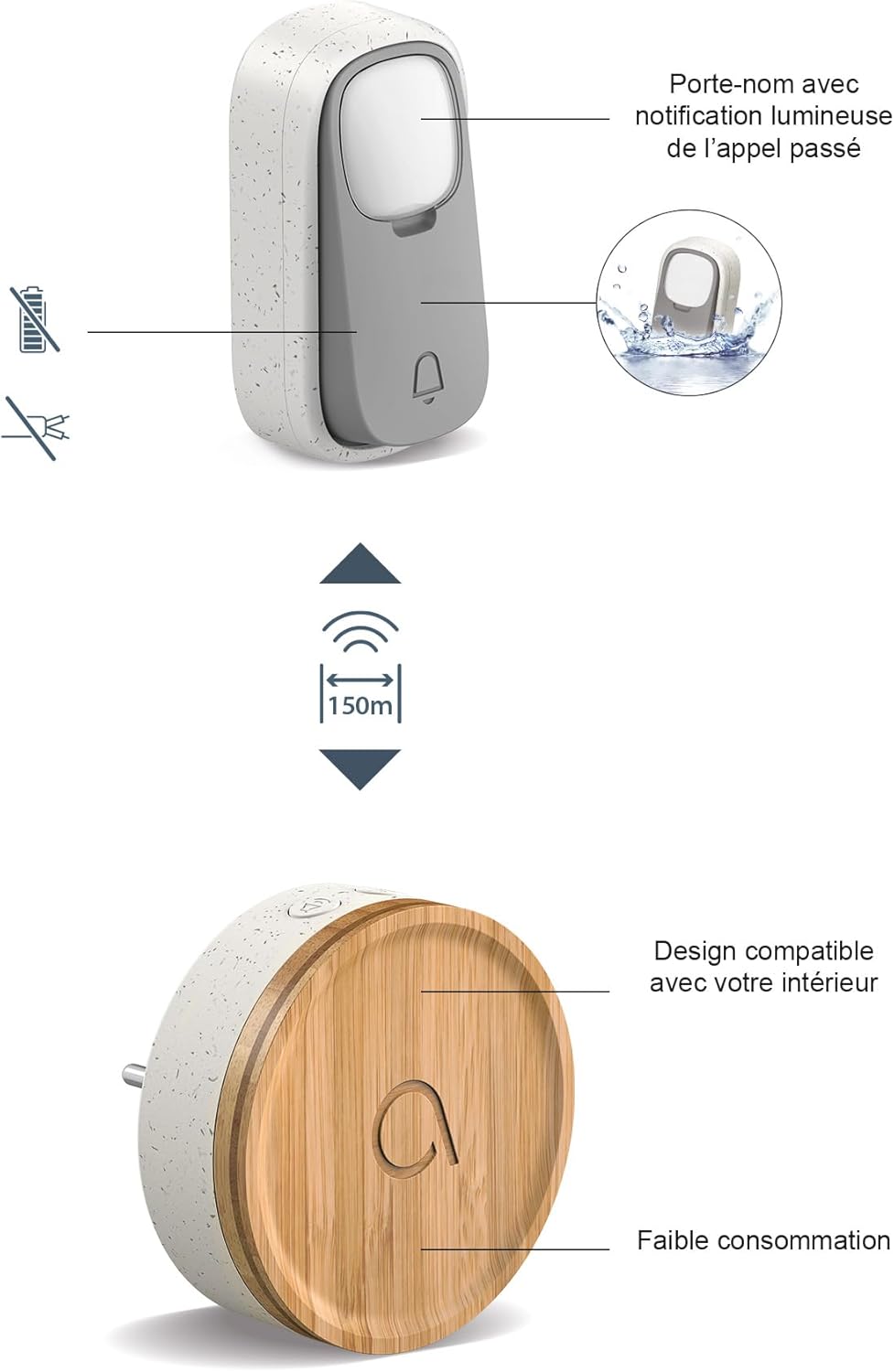 AVIDSEN Bamboo Funk Türklingel, umweltfreundlich, Bambus/recycelter Kunststoff, ohne Batterien, 150