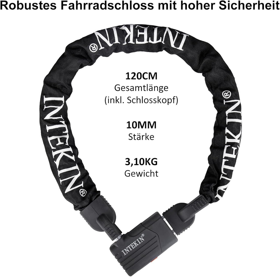 INTEKIN Motorradschloss Hohe Sicherheit, 120cm lang 10mm stark Stahl Kettenschloss, schwer Fahrradsc