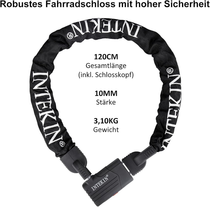 INTEKIN Motorradschloss Hohe Sicherheit, 120cm lang 10mm stark Stahl Kettenschloss, schwer Fahrradsc