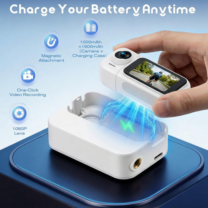 360° Mini Action Kamera mit Touchscreen, Action Body Cam, 30m Wasserdicht, 8h Akku, 120° Weitwinkel,