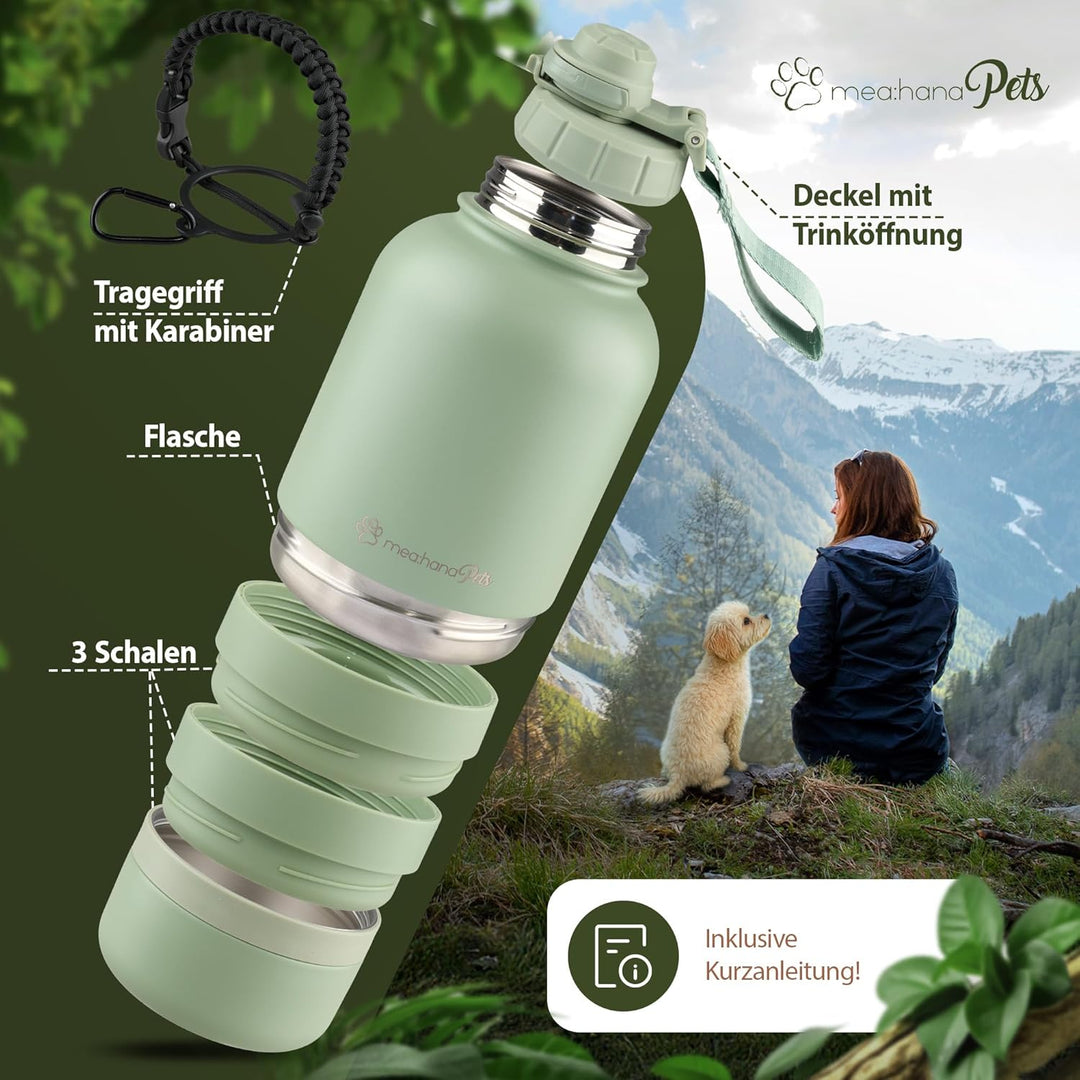 Pets Hundetrinkflasche für unterwegs 1l mit Näpfen -Ideal für Reisen,Outdoor- Isolierte Edelstahl Fl