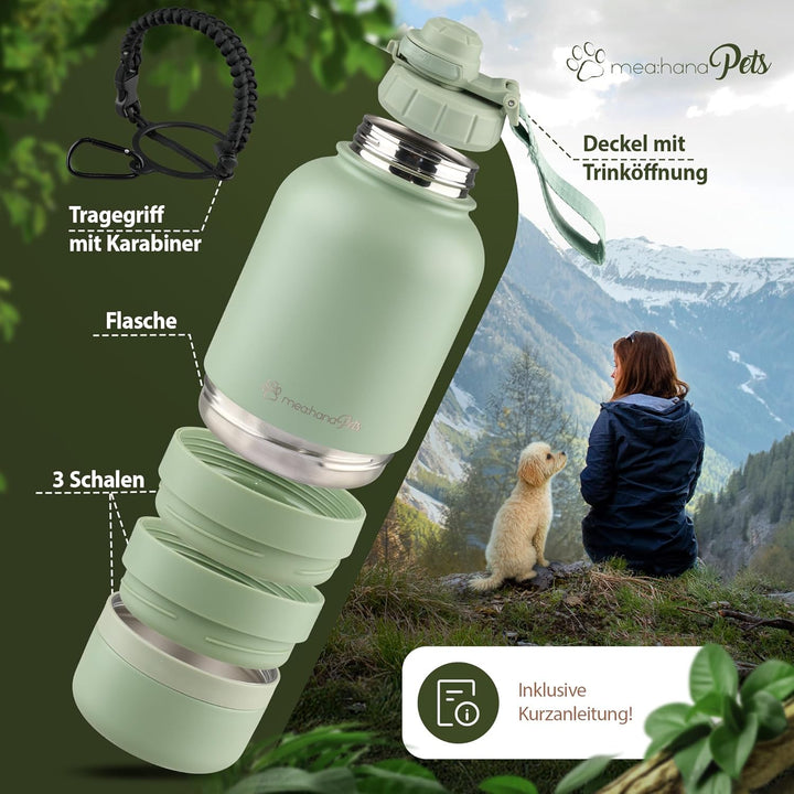 Pets Hundetrinkflasche für unterwegs 1l mit Näpfen -Ideal für Reisen,Outdoor- Isolierte Edelstahl Fl