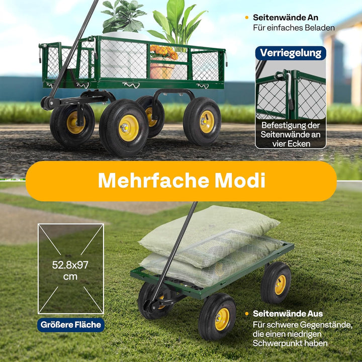 VIVOHOME Gartenwagen mit Abnehmbaren Seiten und Luftreifen, Belastbarer Transportwagen bis 400kg mit