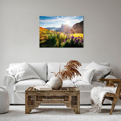 Bilder auf Leinwand Berge Wiese Blumen Leinwandbild mit Rahmen 70x50cm Wandbilder Dekoration Wohnzim