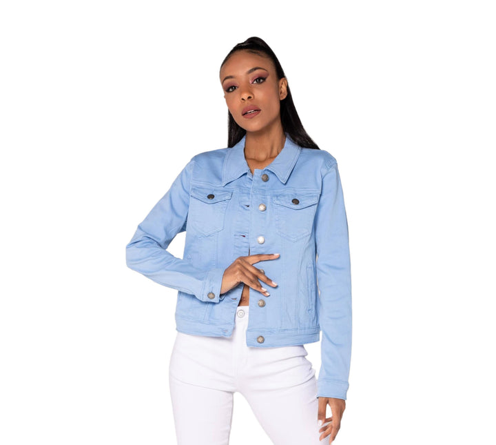 Nina Carter J212 Damen Slim-Fit Jeansjacke – Farbige Übergangsjacke mit Kent-Kragen und Taschen – Fr