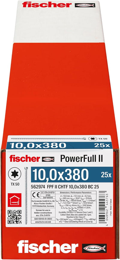 fischer PowerFull II 10,0 x 380, Premium Vollgewindeschraube (25 Stk.) mit innovativer Spitzengeomet