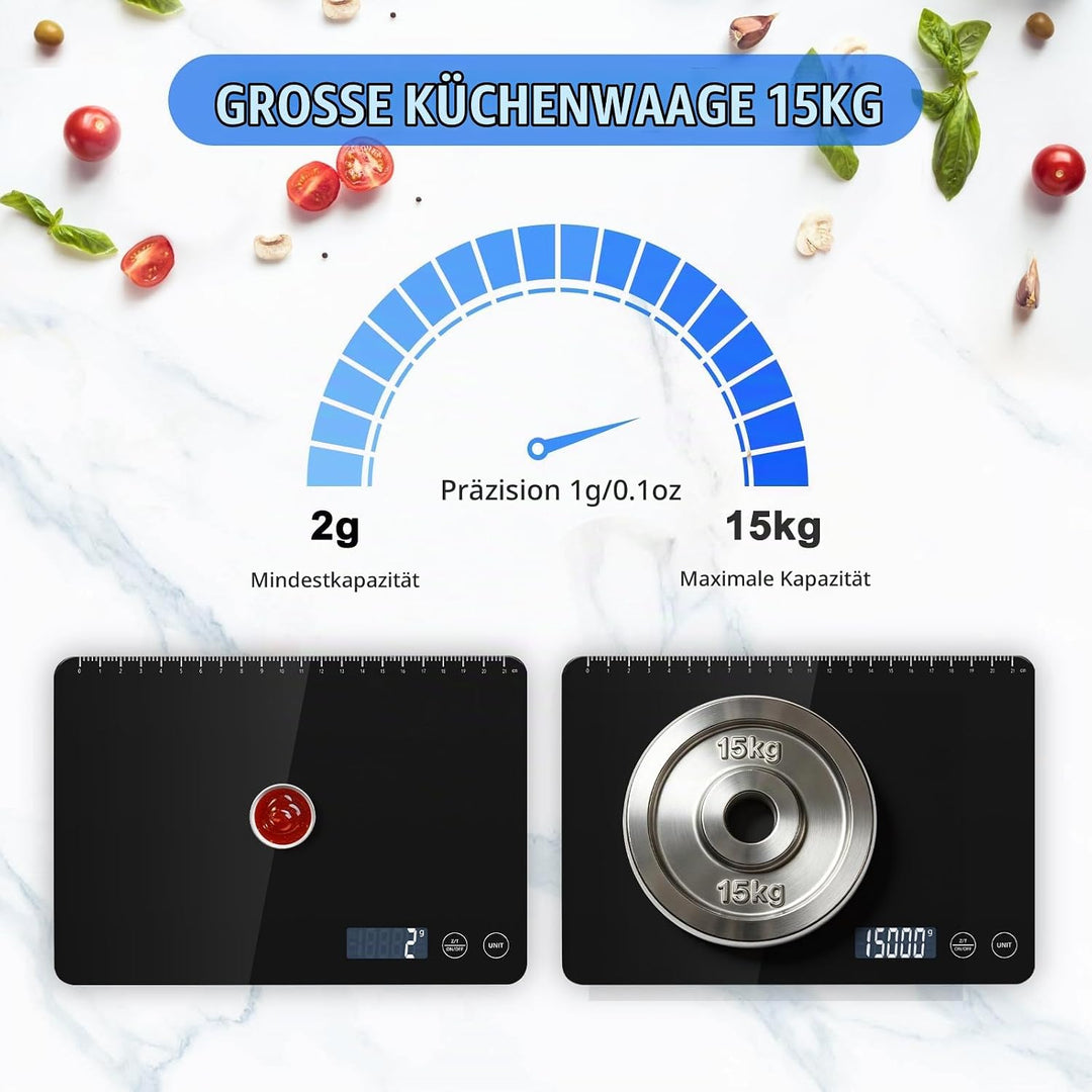 Grosse Digitale Küchenwaage 15kg, Lebensmittelwaage mit 1g Genauigkeit, Anpassbare Auto-Abschaltung