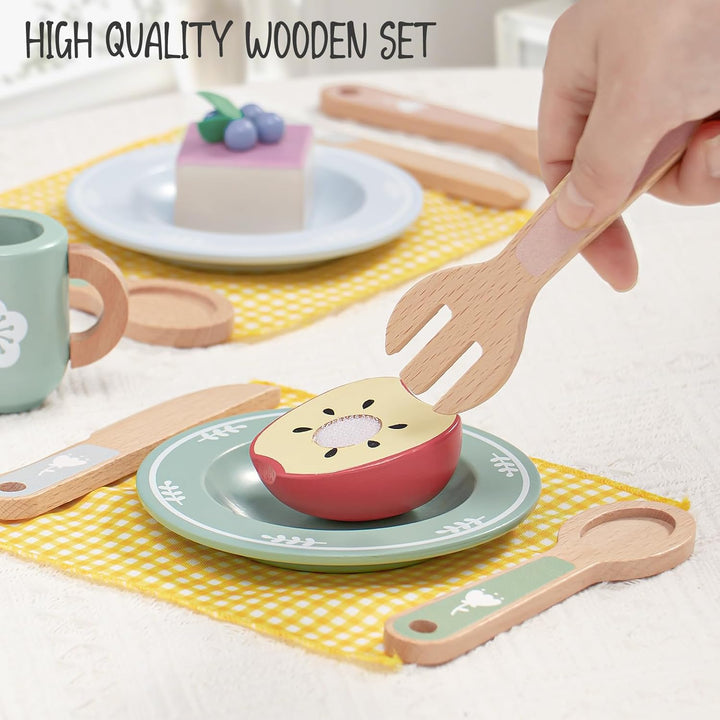 Atoylink Kinderküche Zubehör Holz Geschirr Teeservice Kinder, Geschirrset mit Tassen Teller, Spielkü